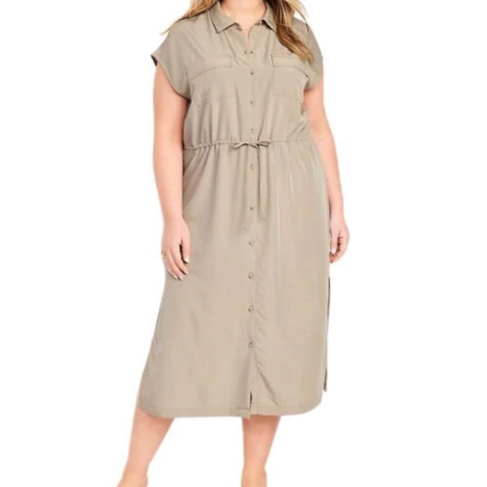 Old Navy Utility Midi Shirt Dress 3X XXXL NWT Waist Defined Mocha Taffy Tan